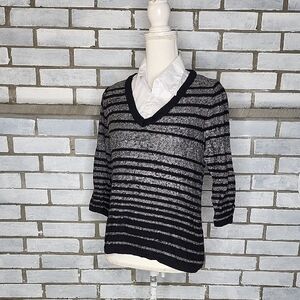 Basic Editions Women's Black and Gray V-Neck Collared Sweater Top Size Medium